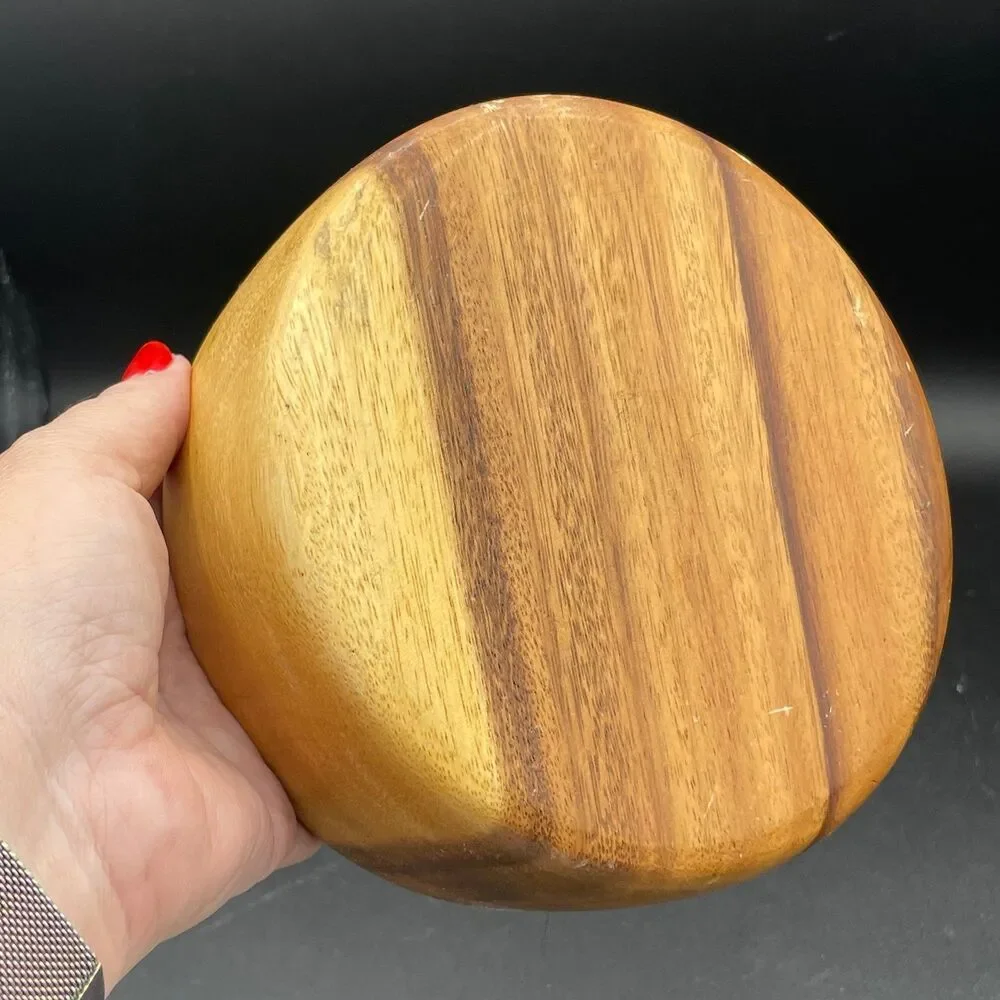 Vintage Hand Turned Solid Acacia Wood Salad Serving Bowl Mid Century Modern